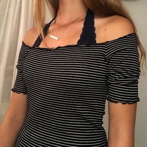 Striped black and white tight off the shoulder top
